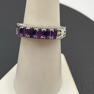 Amethyst Faceted Oval Sterling‎ Stainless Steel Open Heart Flank Ring Sz 7.5